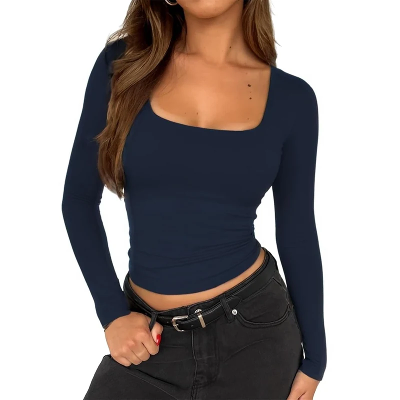 Square Neck Long Sleeve Tops Basic Editions Clothing Women's Clothing